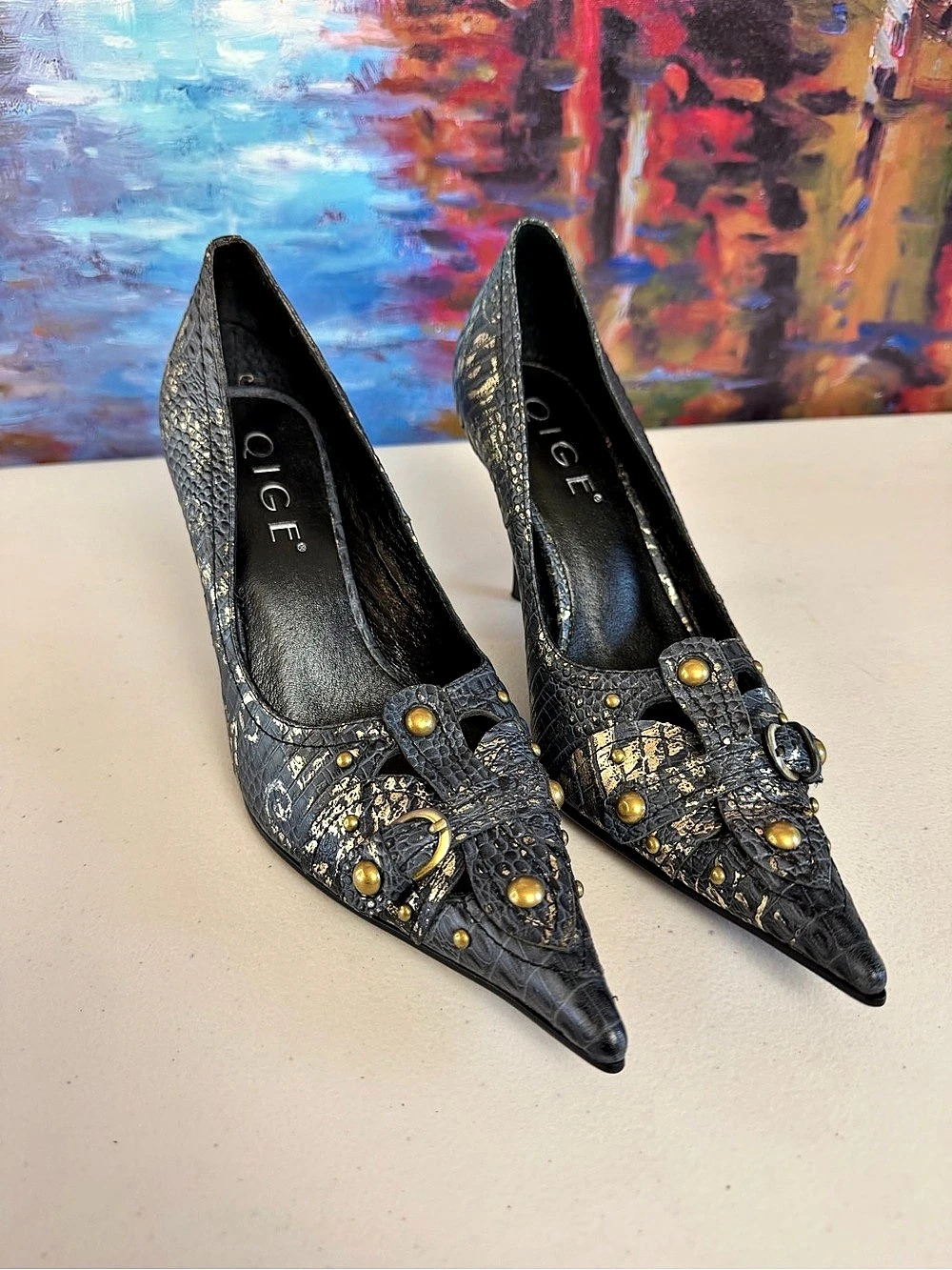 QIGE Y2K Gothic Glam Croc Embossed Gold Studded Stiletto Heels